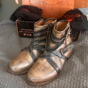 freebird Metallic Bronze Leather Ankle Boots with Black Straps